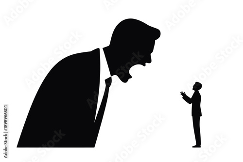 A large silhouette of a man yelling at a smaller figure with a phone