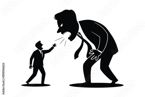 A large figure aggressively shouts at a smaller person in business attire