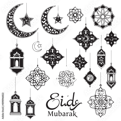 Eid Mubarak festive illustration with crescent moons, hanging lanterns, and intricate Islamic geometric motifs.