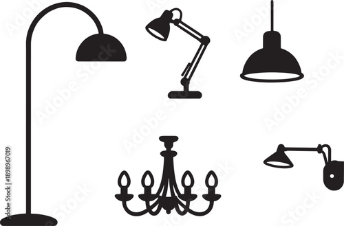 A collection of diverse light fixtures presented in a minimalist and modern black and white. Featuring a floor lamp, desk lamp, pendant lamp, chandelier, and wall lamp.