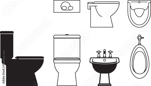 Array of bathroom fixtures in minimalistic outline, showing toilet, sink, bidet and toilet flusher. 