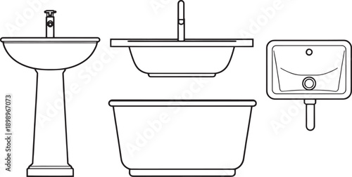Collection of bathroom sinks in a linear drawing style, showcasing an array of elegant washbasin designs.