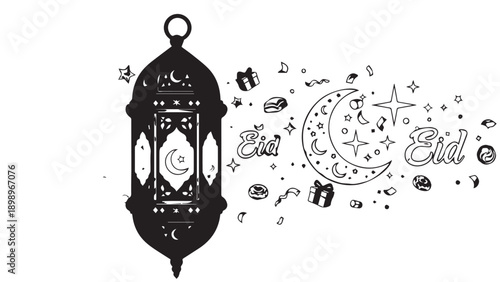 Intricately Decorated Islamic Lantern with Crescent Moon in Night Scene.
