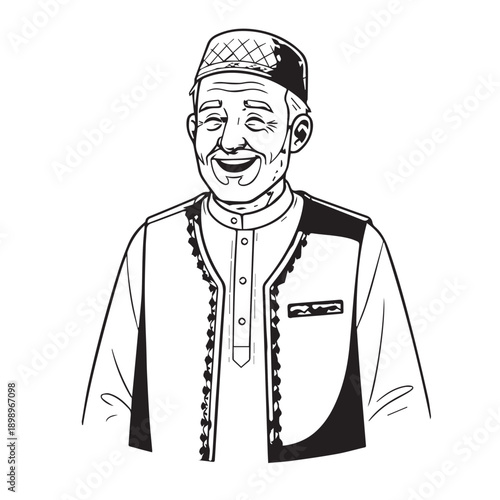 Smiling man in traditional attire illustrated portrait.