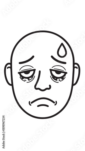 Illustrated sad, melancholic bald head with droplet and downcast expression.