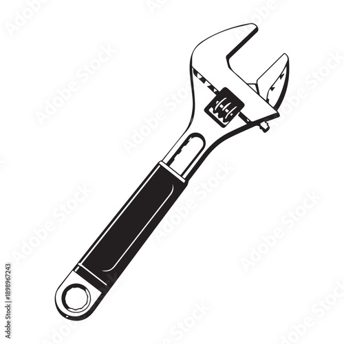 Illustration of an adjustable wrench icon with bold handle and metallic tones on a white background.