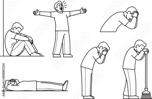 A person displays various gestures of emotion from grief, distress to exhaustion.