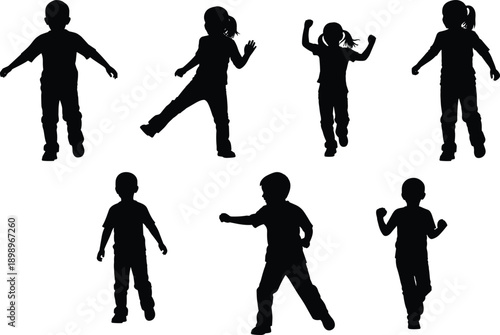 Children dancing silhouettes set, playful kids jumping poses, active childhood movement, happy energy, isolated black figures, creative motion collection