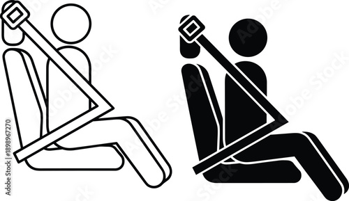 Vector, black, and, white, outline, and, silhouette, icon, set, of, a, passenger, wearing, a, car, seat, belt, for, automotive, safety, and, vehicle, security, design