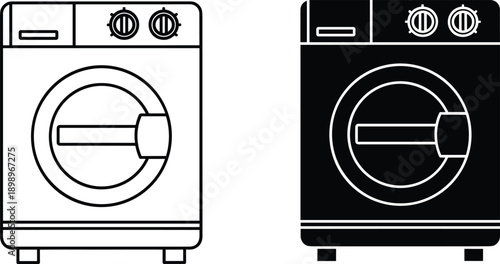 Vector, black, and, white, outline, and, silhouette, icon, set, of, a, front, load, washing, machine, for, laundry, appliance, household, chores, and, interior, design