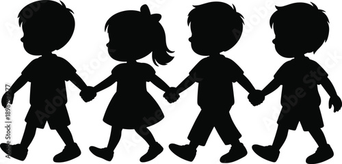 Children holding hands silhouette walking together friendship unity teamwork childhood black white vector illustration isolated background playful kids concept