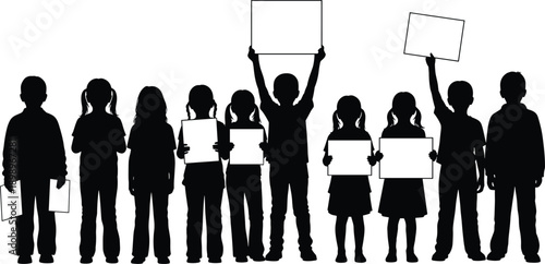 Children holding blank placards silhouette group protest education rights unity activism black white vector illustration isolated background concept