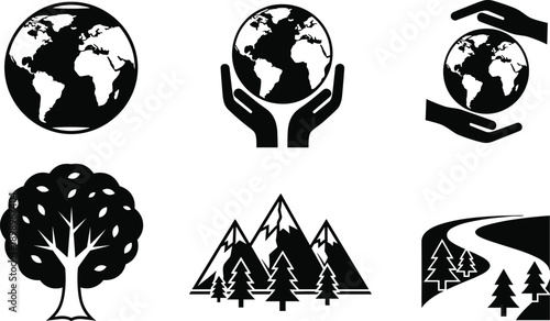 Vector, black, silhouette, icon, set, of, environmental, symbols, including, globe, earth, in, hands, trees, and, mountains, for, ecology, nature, and, conservation, design