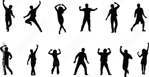Dancing people silhouettes set, energetic men women dance moves, celebration rhythm motion poses, isolated black figures, party lifestyle illustration