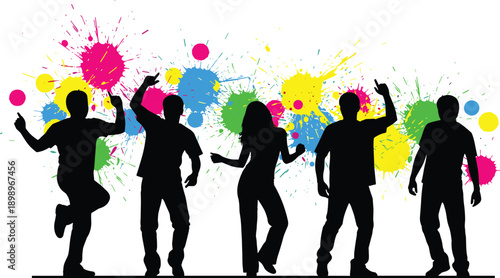 Dancing people silhouettes with colorful paint splashes celebrating music, freedom and creativity, energetic party crowd isolated on white background