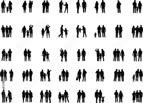 Family, people, silhouettes, parents, children, groups, togetherness, relationships, bonding, lifestyle, walking, standing, social, diversity, love, care, isolated, white, background, illustration