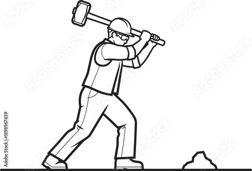 An illustration capturing a construction worker focused on his task, forcefully swinging a sledgehammer.