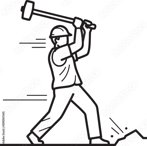 An illustrative depiction captures a construction worker with dynamic energy, swinging a large sledgehammer to break a stone surface, emphasizing the grit and determination of manual labor.