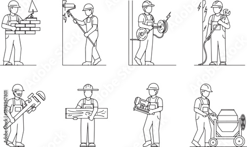 A collection of various skilled tradesmen at work, showing construction, electrical, plumbing, painting, masonry work, and design jobs.
