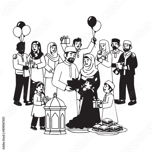 Muslim Wedding Ceremony with Family and Guests in Traditional Attire.