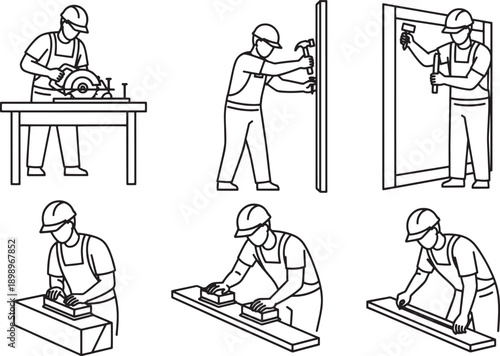 A series of illustrations depicting various stages of a carpentry project, where a skilled craftsman is expertly working with wood, utilizing tools like a saw, hammer, and plane.