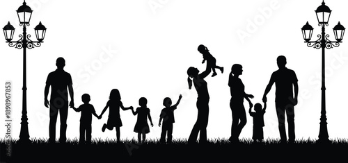 Happy family silhouettes walking together in park at night, parents and children bonding, community lifestyle scene isolated white background vector