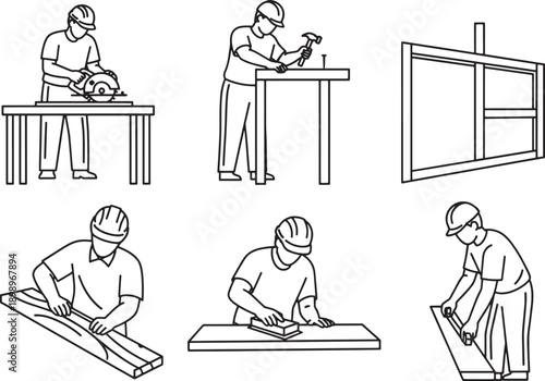 Construction Worker Process: A set of illustrations showcasing construction workers diligently engaged in carpentry, sawing and sanding wood for a variety of tasks.