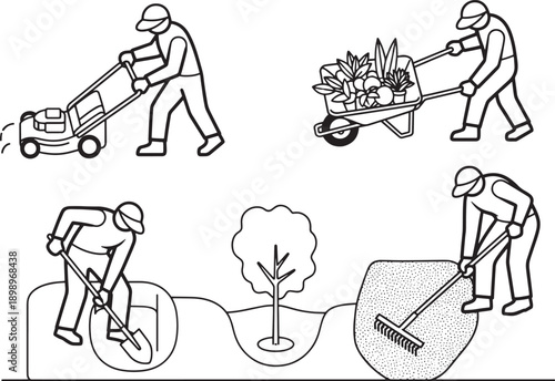 A set of gardening illustrations displaying various activities, including mowing the lawn, wheelbarrowing plants, using a shovel and rake.