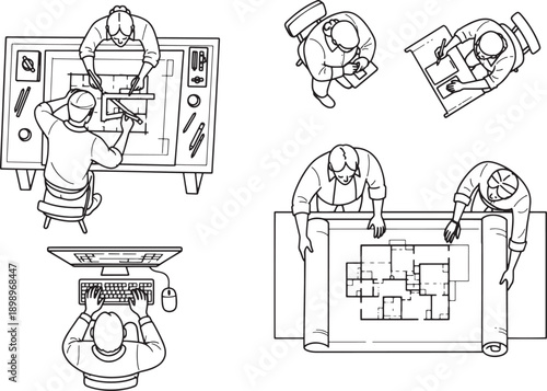 Architects and designers engrossed in a workspace plan, each figure meticulously focused on their craft, as they explore blueprints, a scene that evokes creativity and planning.
