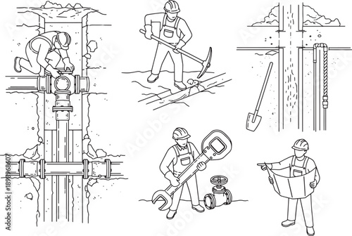 Illustrations of construction workers and their tools, showcasing various stages of work and project progress.