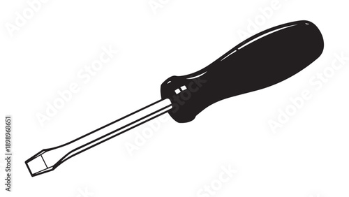 Flathead screwdriver with black handle isolated on white background for repairs and DIY projects.