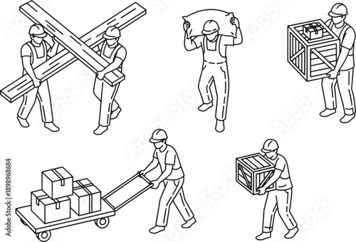 Construction workers diligently transport various materials, showcasing a unified display of construction labor, perfect for illustrating industry and manufacturing themes.