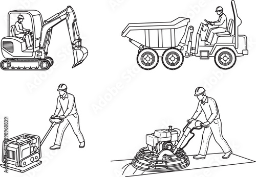 Line art illustrations showcase construction machinery in action, with workers operating each equipment. It's a comprehensive view of various construction machines, from diggers to concrete finishers.