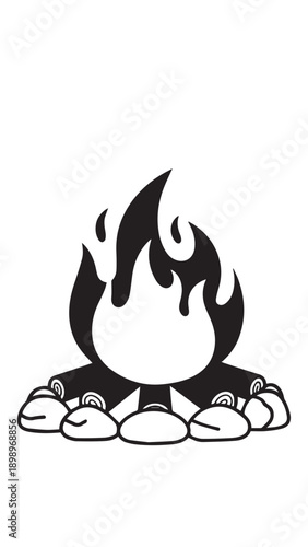 Minimalist monochrome illustration of a campfire encircled by stones, outdoors.