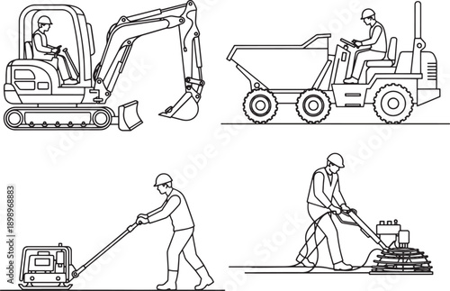 Construction workers hard at work on a site, with detailed line art depicting various tasks and equipment, the scene capturing the essence of industry and craftsmanship.