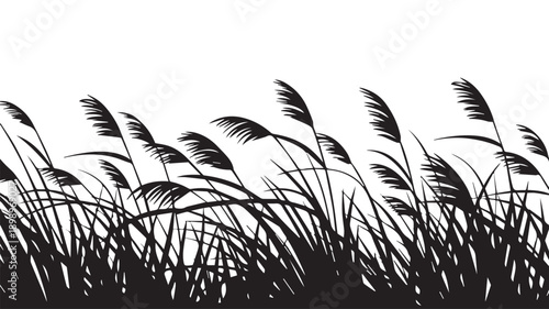 Dynamic silhouette illustration of tall reeds and wild grasses swaying in the breeze, capturing the tranquility of a natural field