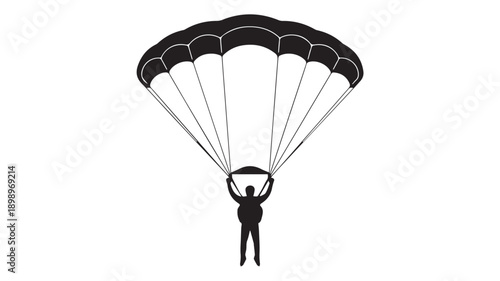 Black and white silhouette illustration of a skydiver descending with a parachute