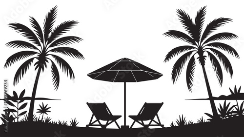 Relaxing Tropical Beach Silhouette Scene with Palm Trees, Sun Umbrella, and Lounge Chairs