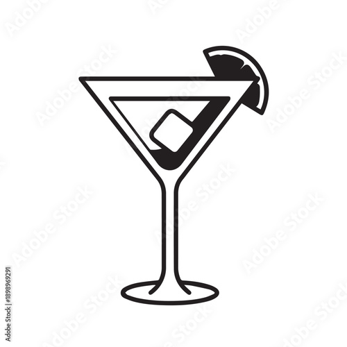 Minimal illustration of a classic martini glass with a lemon and lime wedge and an umbrella.