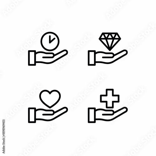Hand holding various symbols representing time, value, love, and health