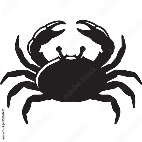 Black silhouette of a crab with claws and shell on a white background.