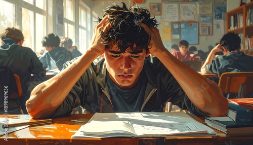 A student, overwhelmed at a desk in a classroom, clutches his head. Sunlight streams in as other classmates study