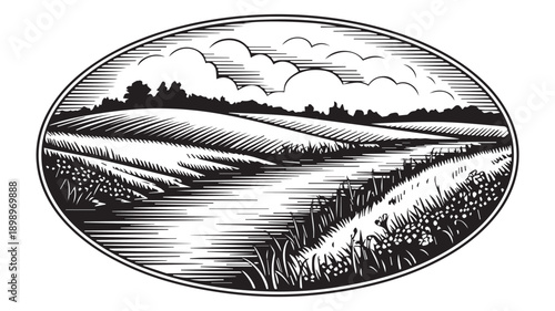 Black and white woodcut style illustration of an idyllic rural landscape featuring a winding river through rolling fields