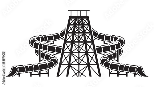 Striking black and white silhouette icon of a large water slide structure with twin chutes, symbolizing exciting summer recreation and water park leisure