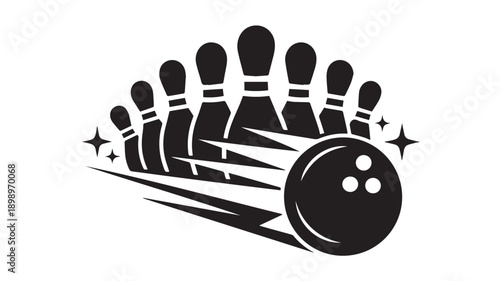Bowling ball and pins with speed lines and stars, vector illustration