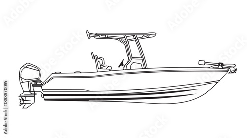 Clean graphic line art illustration of a modern center console fishing boat with outboard motor