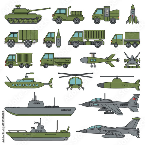 Military vehicles and equipment set for defense and security operations