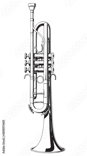 Bright brass trumpet resting beside its mouthpiece and valves with intricate tubing and bell on display.