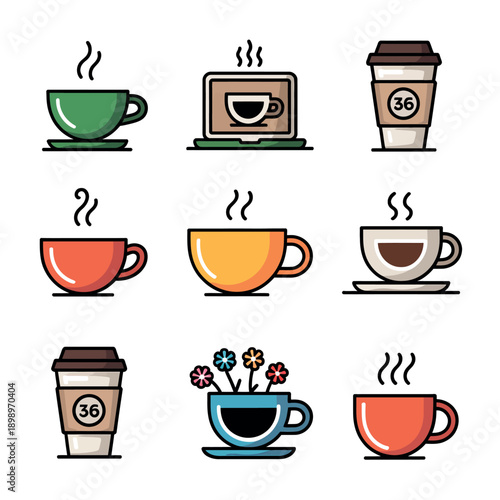 Collection of coffee cups and mugs with different designs and colors