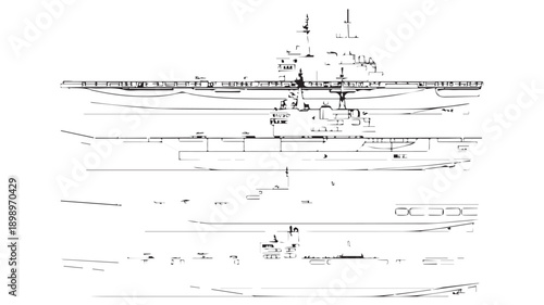 Detailed black and white technical illustration of a large naval aircraft carrier vessel blueprint, showcasing intricate design schematics